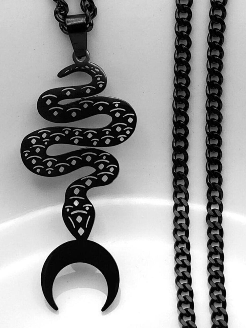 Nocturnal Guardian Serpent Snake Crescent Moon Necklace